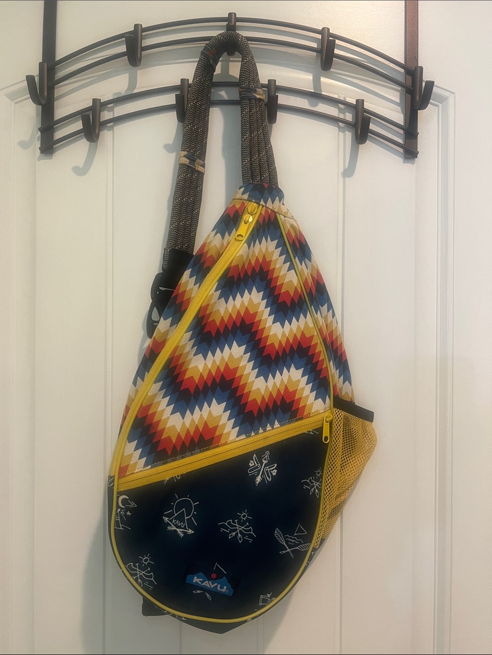Kavu Multicolor Zigzag Sling Bag with Yellow Accents